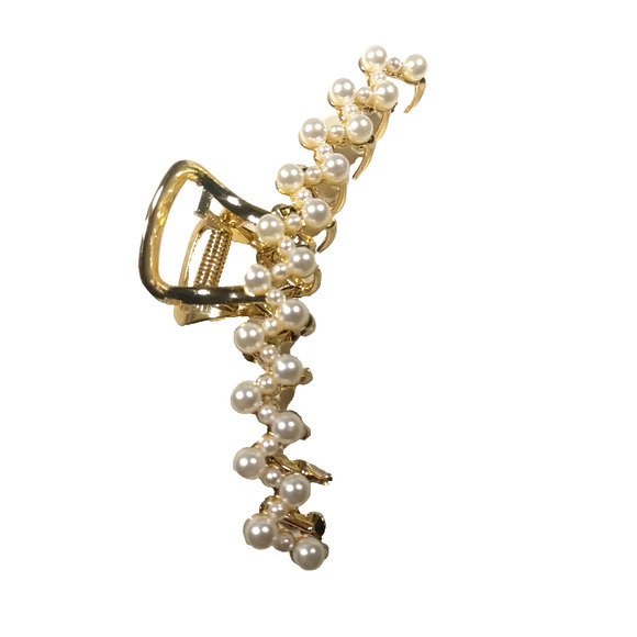 Alligator Clip Barrette Gold Tone Faux Pearl Large Classic - Picture 4 of 6